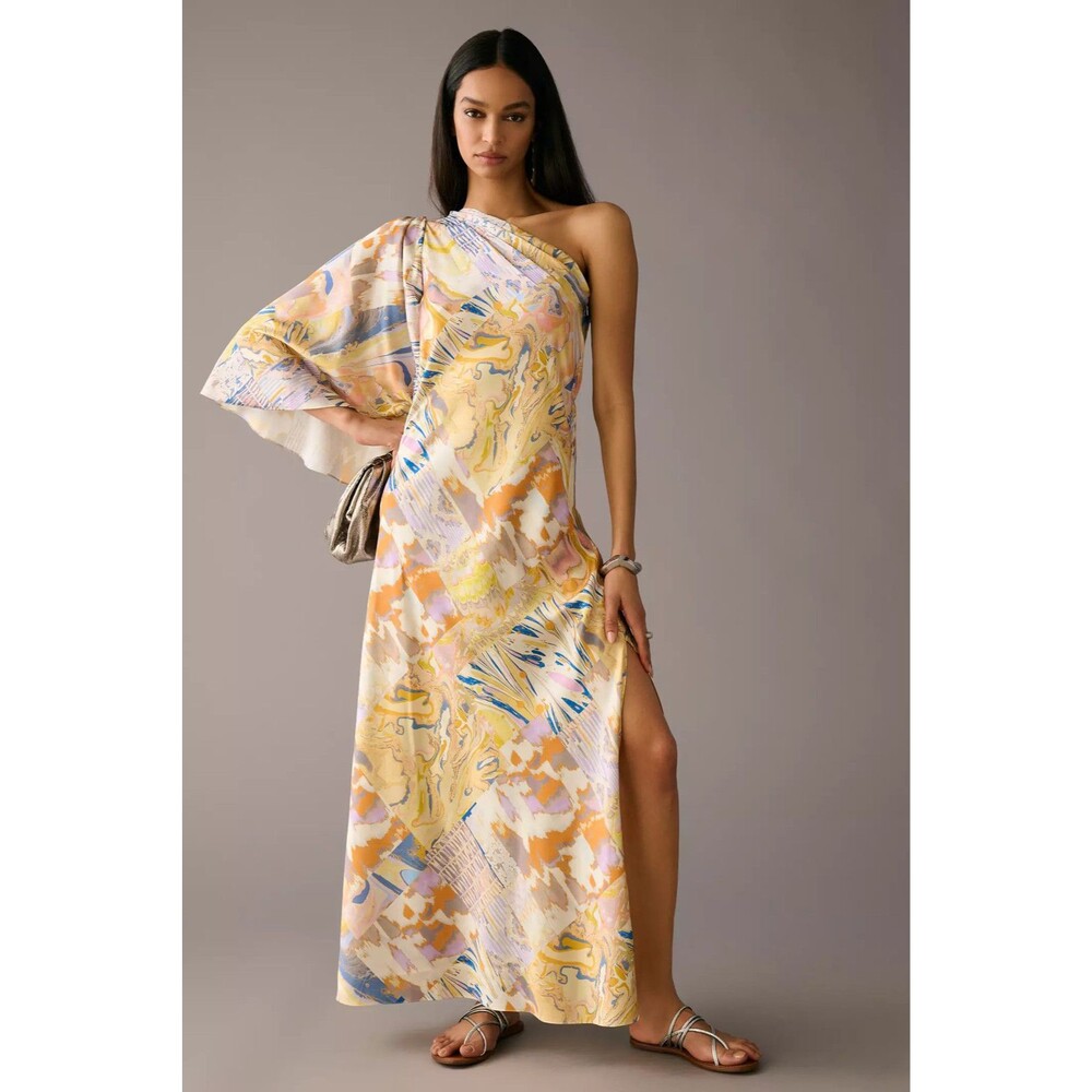 Anthropologie Mandira Wirk Dress Medium Multicolor Satin Maxi Slip One Shoulder